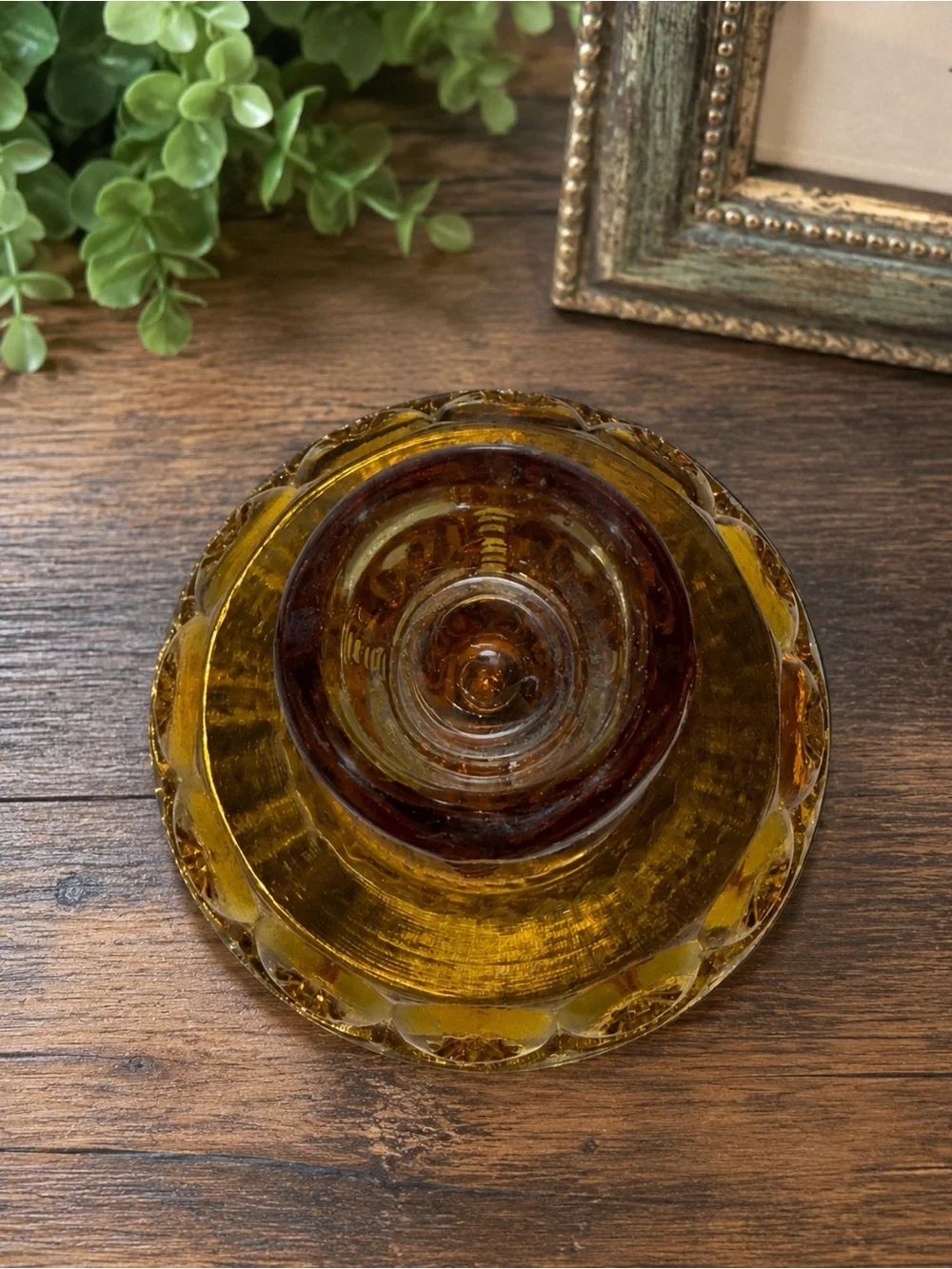 Pair Vintage Amber Glass Candle Holders Pressed Glass Daisy Button